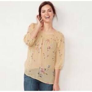 Lauren Conrad Sheer Soft Yellow Floral Print 3/4 Sleeve Blouse Top Size Small